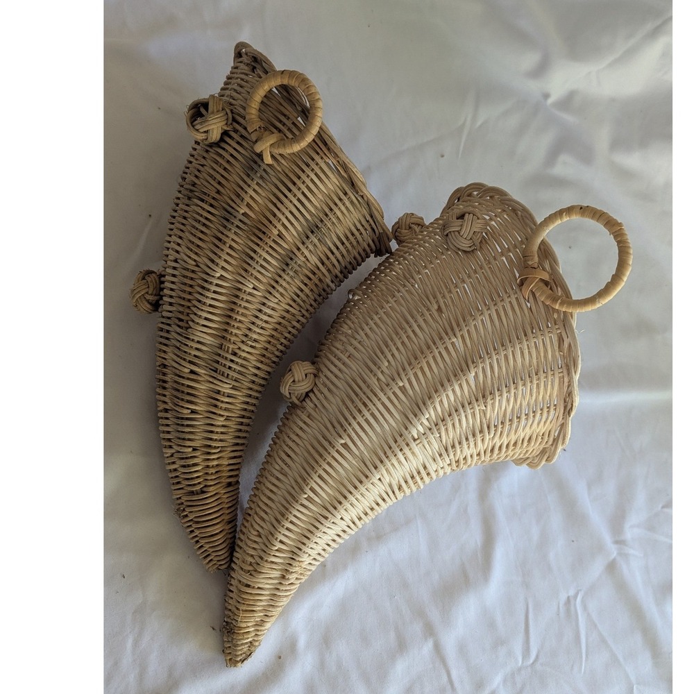 Vintage Woven Wicker Cornucopia Wall Hanging Baskets Set of 2 Natural Rattan